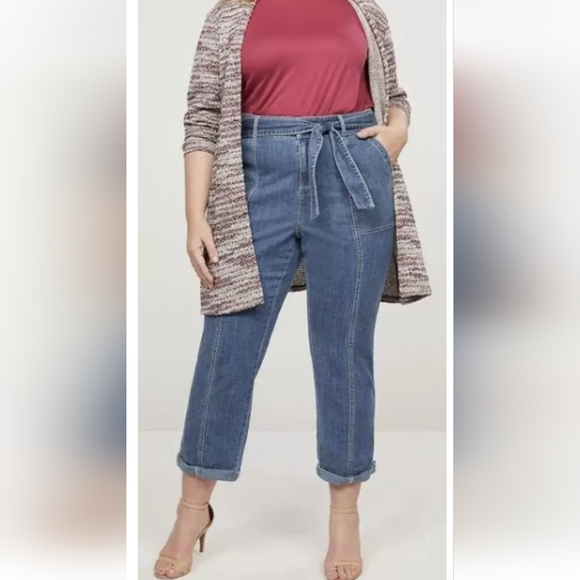 NWT Lane Bryant Chambray Belted Straight Leg Ankle Jeans Denim Pants Blue 26 - Picture 1 of 12